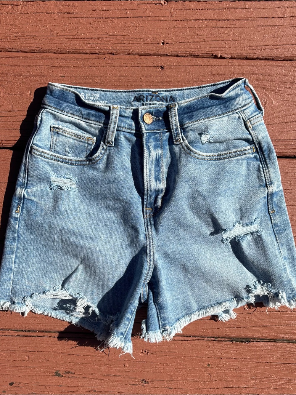 Arizona Jean Company Light Blue Distressed High-Rise Curvy Denim Shorts Juniors5